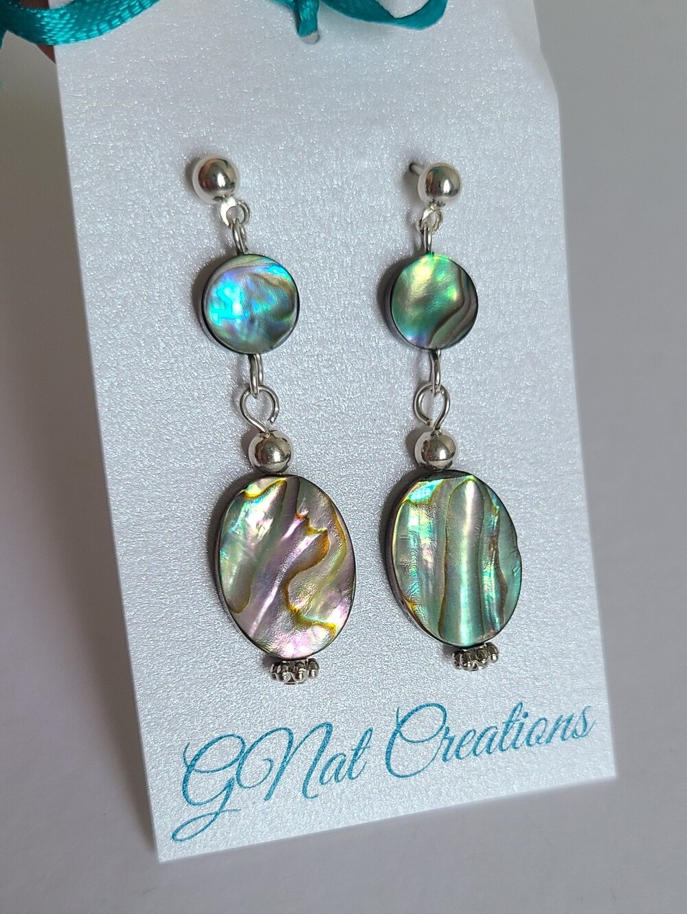 Boho Silver Plated Blue Green Abalone Shell Oval Long Drop Dangle Earrings